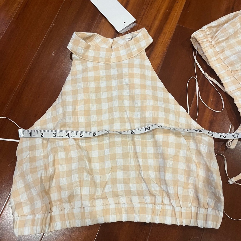 Gingham Skirt Top Set Light Beige Crop Halter Crossback Maxi Tier Cottagecore M - Picture 7 of 11